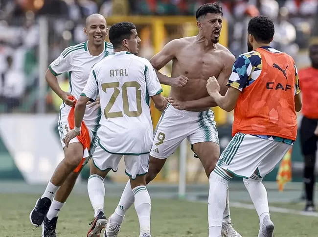 AFCON 2023: Algeria’s Belmadi satisfied with draw against Burkina Faso 1 - Egyptian Gazette Algeria's players celebrate after scoring against Burkina Faso in Group D tie of the AFCON 2023.