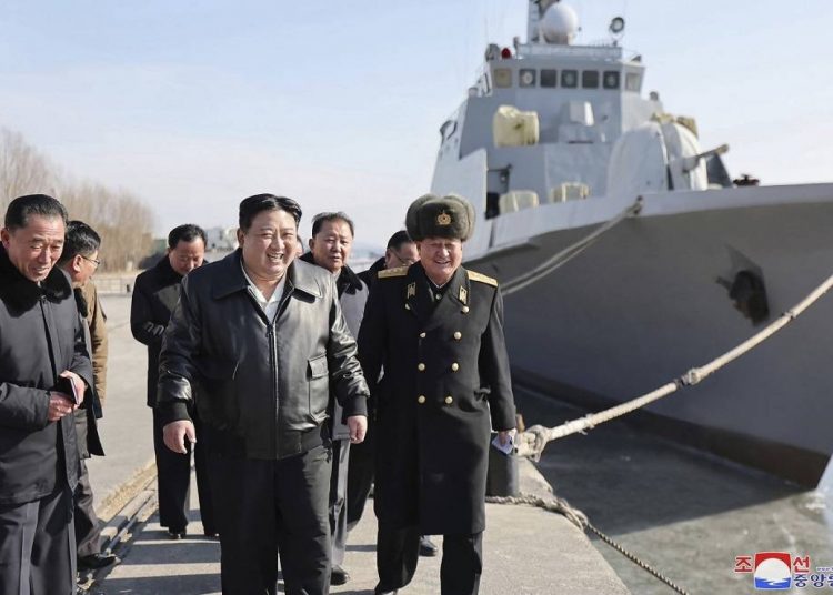 This undated photo provided on Feb. 2, 2024, by the North Korean government, North Korean leader Kim Jong Un (C) visits a shipyard in Nampho, North Korea.