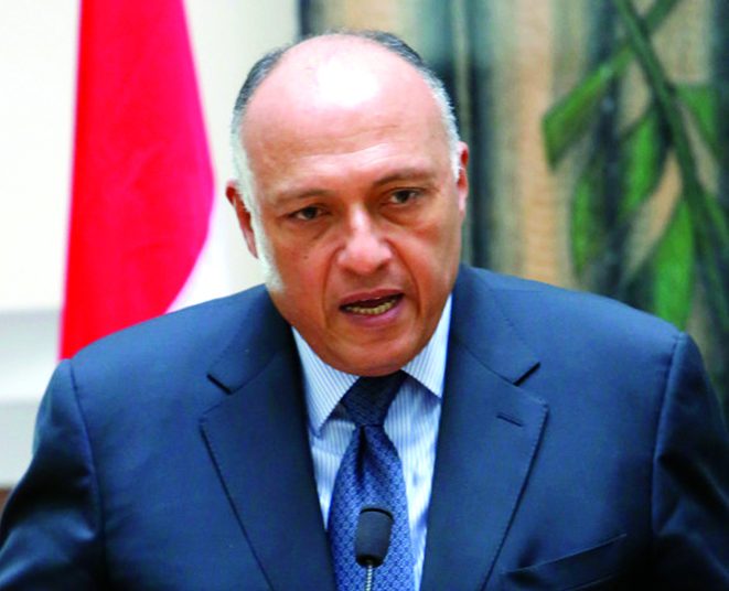 Egyptian foreign minister Sameh Shoukry, speaks to the media after a meeting with Cyprus' foreign minister Ioannis Kasoulides and Greek foreign minister Evangelos Venizelos at the foreign ministry in capital Nicosia, Cyprus, Wednesday, Oct. 29, 2014. Venizelos, Kasoulides and Shoukry, told reporters after meeting with President  Anastasiades that Greece will be making its presence more felt in the seas off Cyprus but that it was due to its NATO and U.N. obligations and not because of Turkeyís recent activities in the area. (AP Photo/Petros Karadjias)