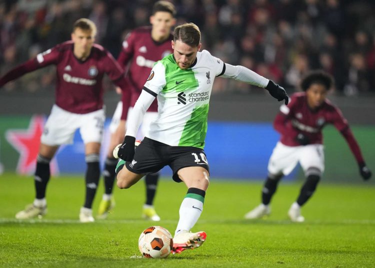 Liverpool's Alexis Mac Allister scores from the penalty spot during the UEFA Europa League round of 16 first-leg match against Sparta Praha in Prague.