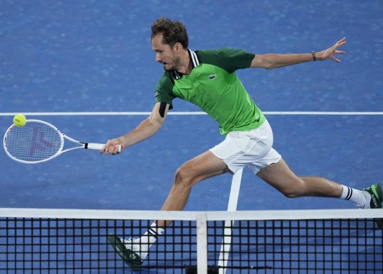 Daniil Medvedev returns the ball to Alejandro Fokina of Spain during a quarter-final match at the Dubai Tennis Championships.
