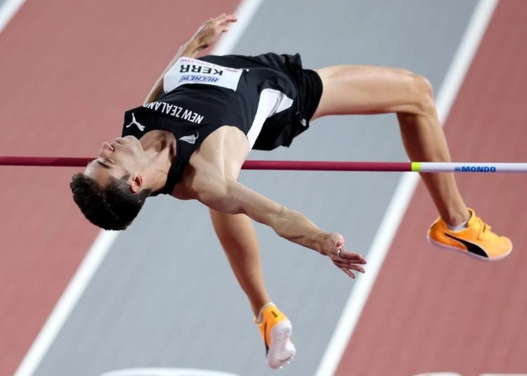 Hamish Kerr in action during the men's high jump competition at the World Athletics Indoor Championships.