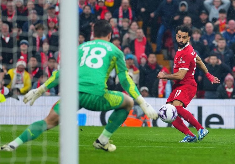 Liverpool's Mohamed Salah makes an attempt to score during the English Premier League match against Manchester City on March 10, 2024.