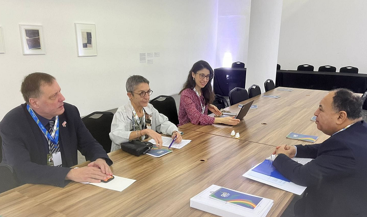 Egypt’s Finance Minister Mohamed Maait (R) during his meeting with the European Commission's Deputy Director General for Economic and Financial Affairs, Elena Flores (2nd L), on the sidelines of their participation in meetings of G20 finance ministers and central bank governors in Brazil's Sao Paulo.