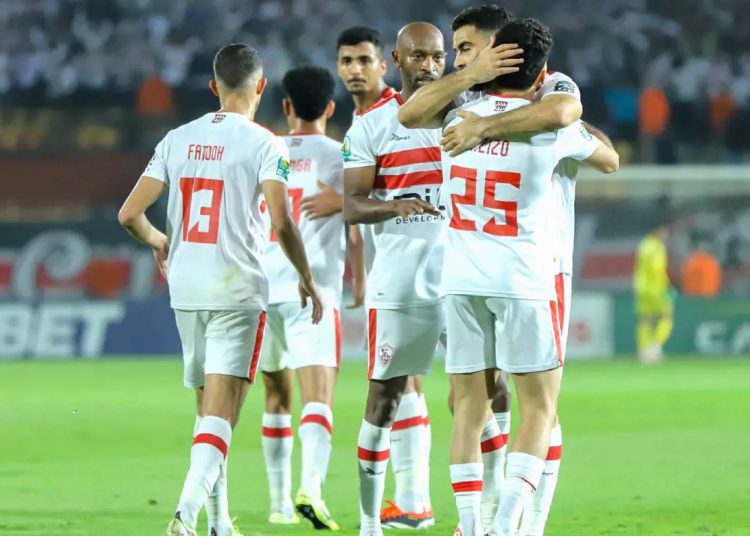 Zamalek’s players celebrate after scoring their winner against Future in the first-leg of the CAF Confederation Cup quarter-final.