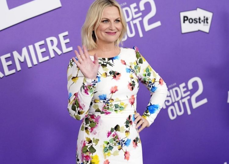 Amy Poehler, a cast member in "Inside Out 2," waves to photographers at the premiere of the film at the El Capitan Theatre, in Los Angeles.