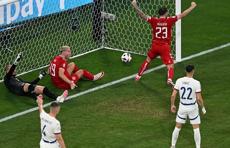 Denmark’s Pierre-Emile Hojbjerg reacts after teammate Joachim Anderson’s own goal is disallowed for offside.
