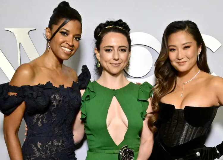 (L-R) Renee Elise Goldsberry, honoree Danya Taymor, recipient of the Best Direction of a Musical award for "The Outsiders", and Ashley Park pose during The 77th Annual Tony Awards at David H. Koch Theater at Lincoln Center in New York City.