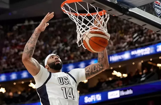 United States Anthony Davis scores a basket during an exhibition basketball game against Canada on July 10, 2024, in Las Vegas.