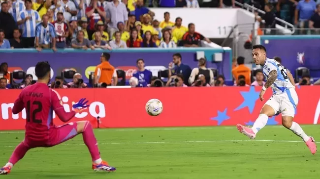 Lautaro Martinez scores Argentina's winning goal against Colombia in the Copa América final at Hard Rock Stadium in Miami Gardens, Florida.