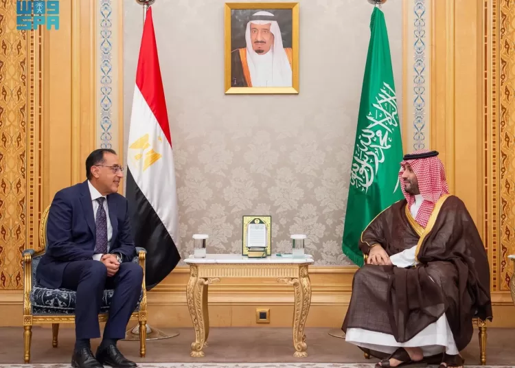 ‏Prime Minister Dr Moustafa Madbouli and Saudi Crown-Prince Mohammed bin Salman during their meeting in Riyadh on Monday.