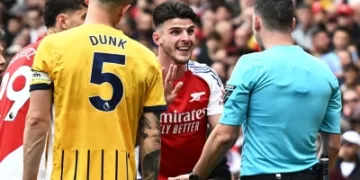 Arsenal’s perfect start falters as Rice’s red card leads to Brighton draw; Everton’s heartbreak adds to the drama