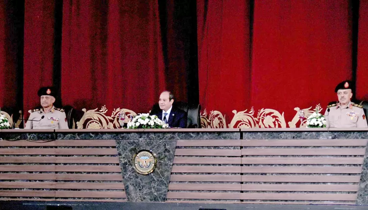 Safeguarding national security continuous, tireless effort based upon people’s unity, cohesiveness 1 - Egyptian Gazette President Abdel Fattah El Sisi during an open discussion on Monday with a group of students who completed their studies at the Egyptian Military Academy.