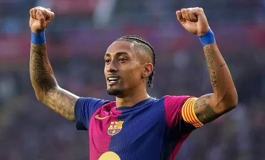 Barca extends La Liga lead 1 - Egyptian Gazette Raphinha of Barcelona celebrates scoring his team's second goal during the La Liga match against Espanyol.