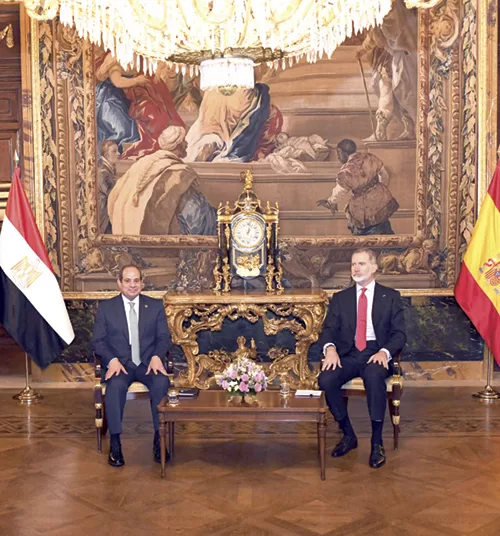 President Abdel Fattah El Sisi during his meeting in Madrid yesterday with King Felipe VI of Spain.