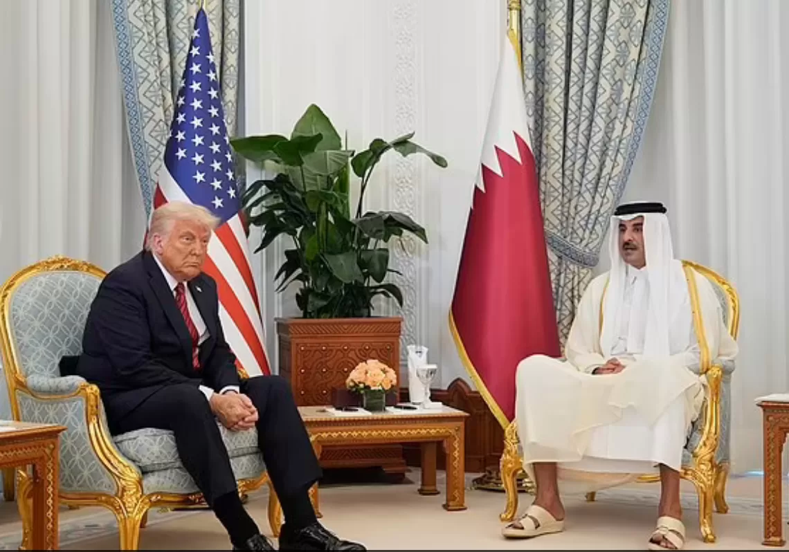 Trump seeks Gaza ceasefire in Doha visit 1 - Egyptian Gazette President Donald Trump and Qatar's Emir Sheikh Tamim bin Hamad Al Thani