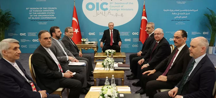OIC presses Israel to stop Iran strikes 1 - Egyptian Gazette Turkey's President Tayyip Erdogan meets with Iranian Foreign Minister Abbas Araghchi as they are flanked by Turkish Foreign Minister Hakan Fidan and members of Turkish and Iranian delegations, during the 51st Session of the Council of Foreign Ministers of the Organisation of Islamic Cooperation (OIC), in Istanbul, Turkey, June 21, 2025.
