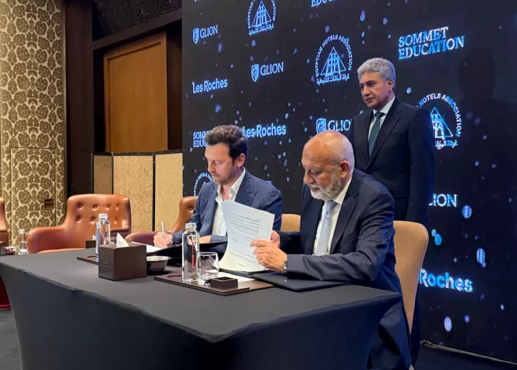 Egypt’s Tourism and Antiquities Minister Sherif Fathy attending the signing of a partnership between the EHA and Sommet Education on Sunday.