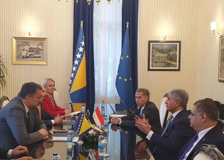 Tourism and Antiquities Minister Sherif Fathy during his meeting with Bosnia and Herzegovina’s Foreign Minister, Elmedin Konaković, in Sarajevo on Tuesday.