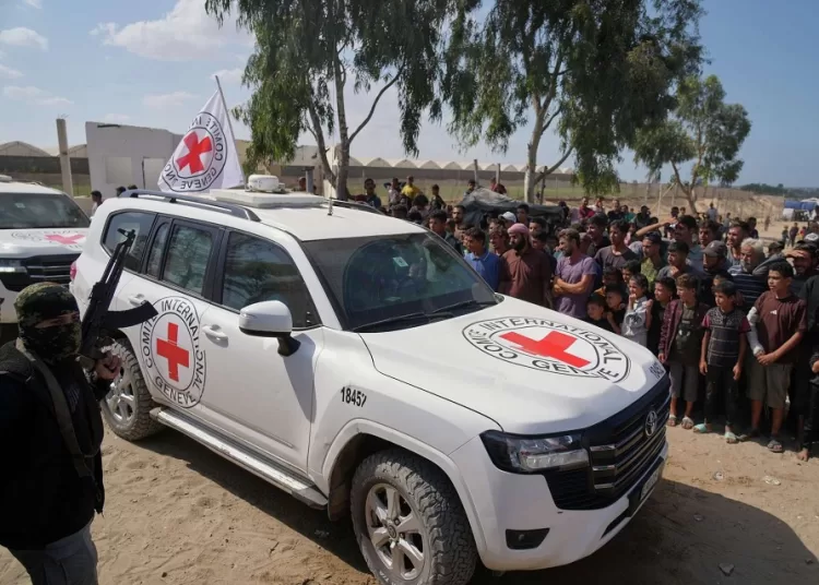 Hamas frees 20 hostages in Gaza truce deal 1 - Egyptian Gazette ICRC vehicles carrying released Israeli hostages make their way to the Israeli border, in Khan Younis, southern Gaza Strip, Monday, Oct. 13, 2025.
