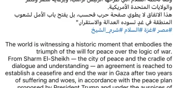 Sisi: Hamas-Israel ceasefire deal reflects triumph of peace will over war logic