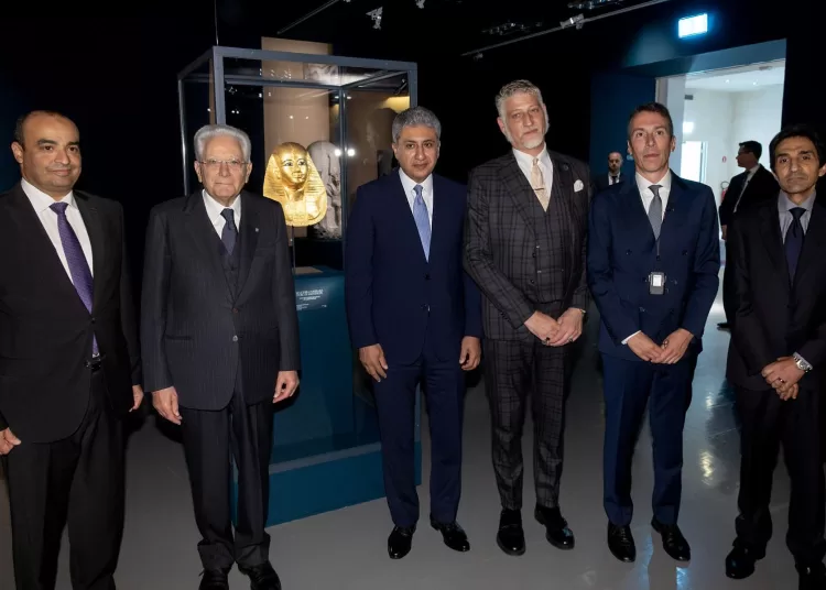 Italian President Sergio Mattarella (second from left) and Egyptian Tourism Minister Sherif Fathy (third from left) pose for a photo during the inauguration ceremony of the "Treasures of the Pharaohs" exhibition, which opened in Rome today.