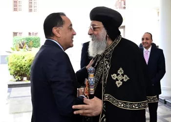 PM Madbouli greets Pope Tawadros II at Coptic Orthodox Cathedral