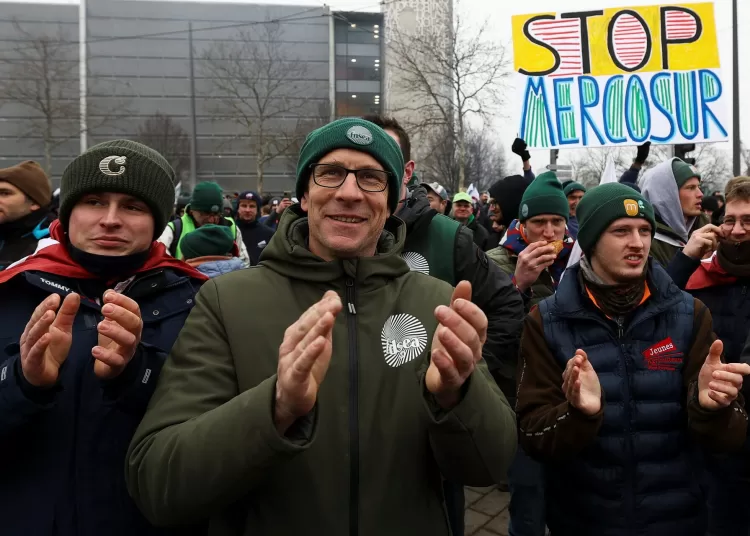 Farmers from across Europe react after the European Parliament voted on whether to refer the EU-Mercosur trade agreement to the Court of Justice of the European Union (CJEU), in Strasbourg, France, January 21, 2026.