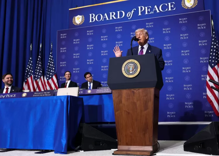 U.S President Donald Trump speaks at the inaugural Board of Peace meeting at the U.S. Institute of Peace in Washington, D.C., U.S., February 19, 2026. REUTERS/