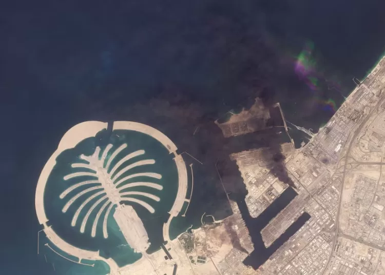 A satellite image of Jebel Ali Port, after one of the berths caught fire because of debris from an intercepted missile, in Dubai, United Arab Emirates, March 1, 2026. 2026 Planet Labs PBC