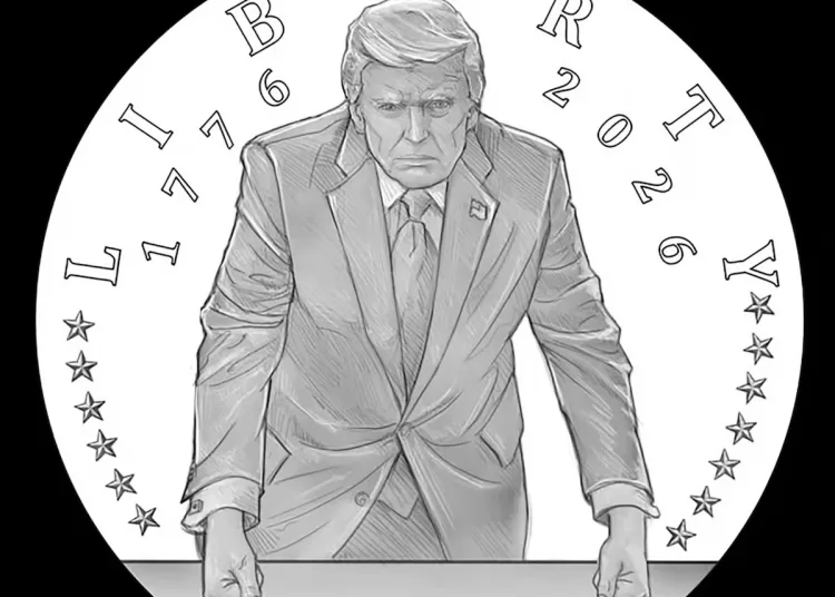 A Semiquincentennial commemorative gold coin design featuring U.S. President Donald Trump, in this undated handout image