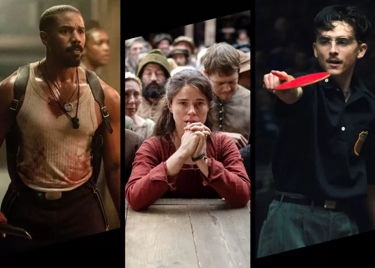 Michael B. Jordan in "Sinners," Jessie Buckley in "Hamnet" and Timothée Chalamet in "Marty Supreme." (Photo illustration: Yahoo News; photos: Eli Ade/Warner Bros./Everett Collection, Agata Grzybowska/Focus Features/Everett Collection, A24/Everett Collection)