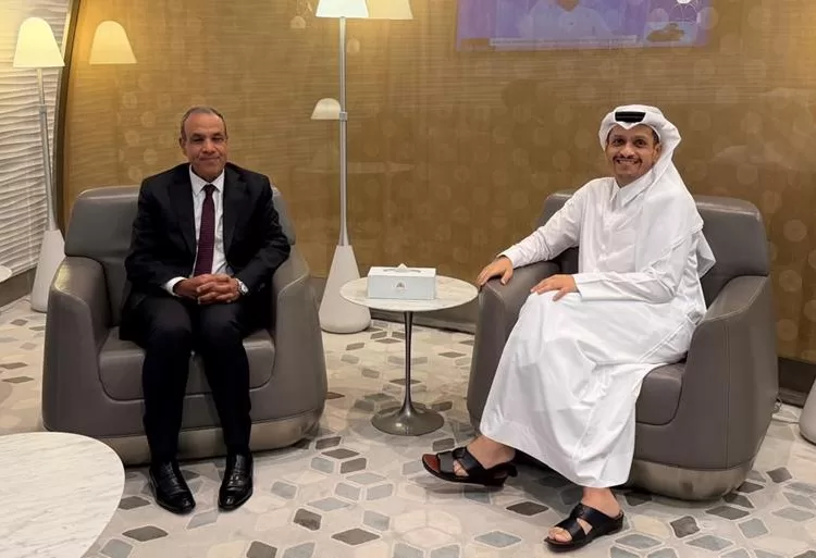 Foreign Minister Badr Abdel-Aati during his meeting  on Saturday with Qatari Prime Minister and Minister of Foreign Affairs Sheikh Mohammed bin Abdulrahman Al Thani in Doha during a stopover en route to Islamabad to participate in the quadrilateral ministerial meeting.