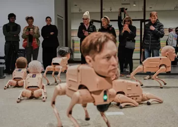 Beeple’s Berlin show features Musk, Zuckerberg robot dogs