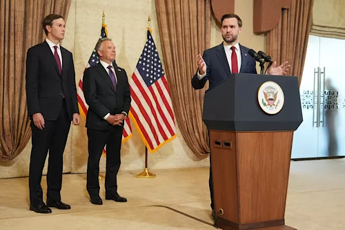 Why US-Iran talks failed to reach an agreement 11 - Egyptian Gazette Vice President JD Vance, right, speaks during a news conference after meeting with representatives from Pakistan and Iran as Jared Kushner, left, and Steve Witkoff, Special Envoy for Peace Missions listen, on Sunday, April 12, 2026, in Islamabad, Pakistan.