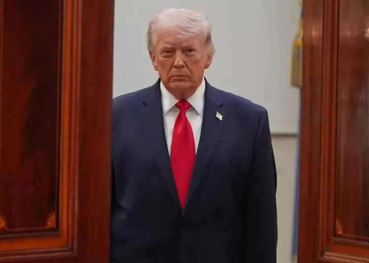 President Donald Trump arrives to address the nation from the Cross Hall of the White House on April 1, 2026 in Washington, DC. (Photo by Alex Brandon-Pool/Getty Images)