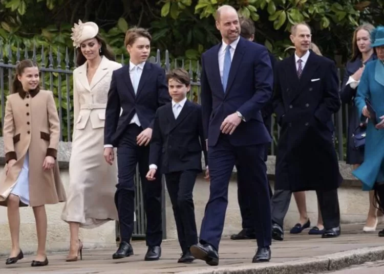 British royals attend Easter service without Andrew 12 - Egyptian Gazette Britain's Princess Charlotte of Wales, Britain's Catherine, Princess of Wales, Britain's Prince George of Wales, Britain's Prince Louis of Wales, Britain's Prince William, Prince of Wales, Britain's Prince Edward, Duke of Edinburgh and Britain's Princess Anne, Princess Royal walk to St George's Chapel, in Windsor, west of London, UK. (AFP)