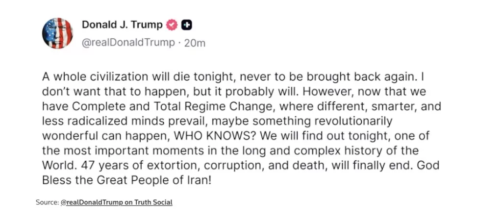 Trump: 'A whole civilisation will die tonight' if no deal with Iran 15 - Egyptian Gazette