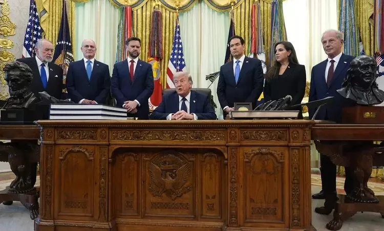 US President Donald Trump in the Oval Office with the ambassadors of Lebanon and Israel after they met at the White House, April 23, 2026. (AP)