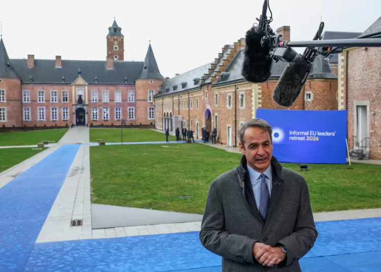 Greece’s Prime Minister Kyriakos Mitsotakis speaks to the media at Alden Biesen castle, on the day of an informal European Union leaders retreat, Belgium, February 12, 2026. REUTERS/Murad Sezer Purchase Licensing Rights