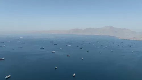 US warns Oman over Strait of Hormuz tolls 11 - Egyptian Gazette A drone view shows vessels anchored at the Strait of Hormuz, as seen from Musandam, Oman, May 25, 2026. REUTERS