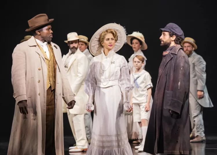 Joshua Henry, foreground from left, Caissie Levy, and Brandon Uranowitz appear during a performance of “Ragtime” in New York on Oct. 8, 2025. (Matthew Murphy via AP)