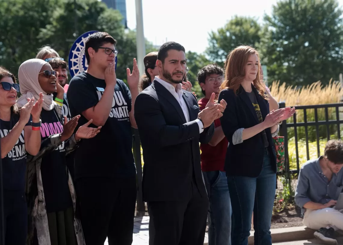 Abdul El-Sayed, winner of Michigan U.S, Democratic primary, waits to speak during a press conference in Detroit, Michigan, U.S. August 5, 2026. REUTERS