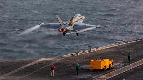 An aircraft launching from the flight deck of the USS Abraham Lincoln last month. U.S. NAVY