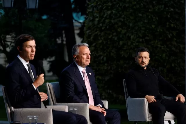 Zelenskiy: US envoys presented 'decent ideas' for peace 12 - Egyptian Gazette Jared Kushner, U.S. President Donald Trump's son-in-law, speaks while Ukraine's President Volodymyr Zelenskiy and U.S. Special Envoy Steve Witkoff listen during a joint news conference, amid Russia's attack on Ukraine, in Kyiv, Ukraine September 6, 2026. REUTERS