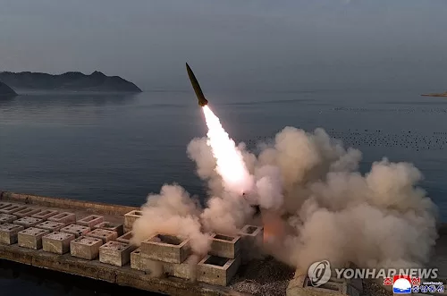 North Korea test-fires the Hwasong-11 Ra surface-to-surface tactical ballistic missile at an unspecified location on April 19, 2026, to verify the characteristics and power of a cluster bomb warhead and fragmentation mine warhead applied to the tactical ballistic missile, in this file photo released by the North's official Korean Central News Agency (KCNA)