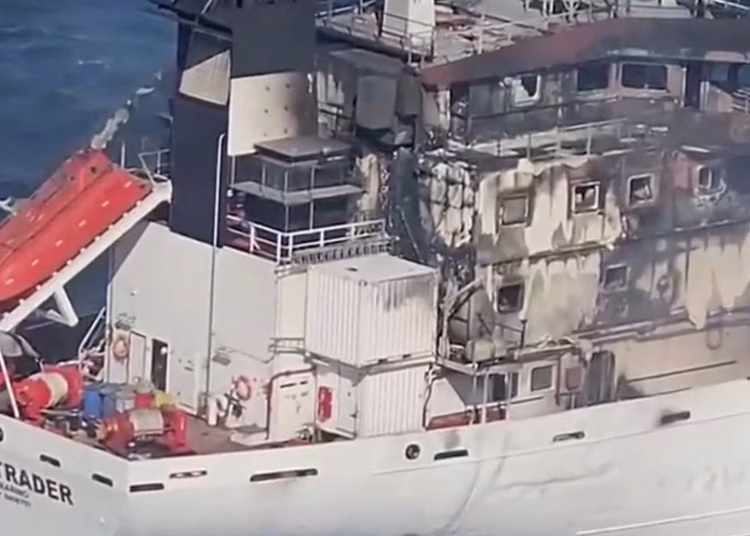 A screengrab from an aerial footage shows San Marino-flagged tanker wine trader ship that caught fire in Romanian territorial waters. Romanian Interior Ministry/Handout via REUTERS